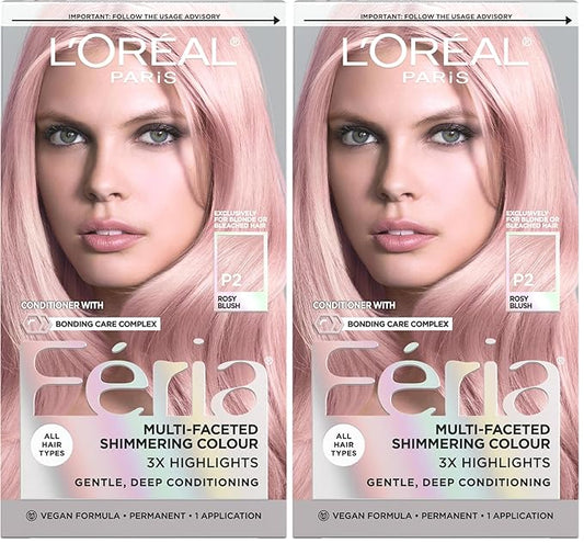 L'Oreal Paris Feria Multi-Faceted Shimmering Permanent Hair Color, P2 Rosy Blush (Smokey Pink) (Pack of 2)