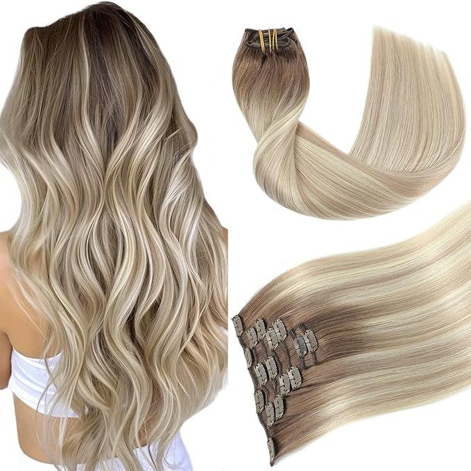 Youngsmile Balayage Clip in Hair Extensions Human Hair, 14 Inch Real Human Hair Clip in Extensions, Ash Brown Fading to Platinum Blond mixed Ash Blond 7 Pcs 120 Gram (CLIP#8/60/18-14Inch)