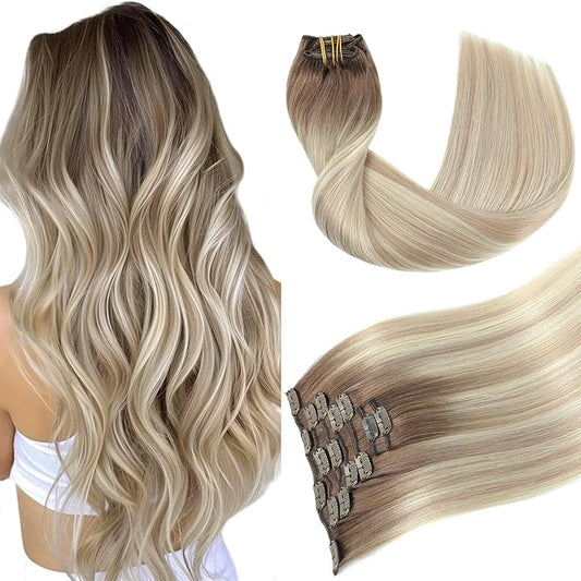 Youngsmile Clip in Hair Extensions Human Hair, 18Inch 7Pcs 120g Human Hair Extensions Clip in Balayage Ash Brown Fading to Platinum Blond mixed Ash Blond (CLIP#8/60/18-18Inch)