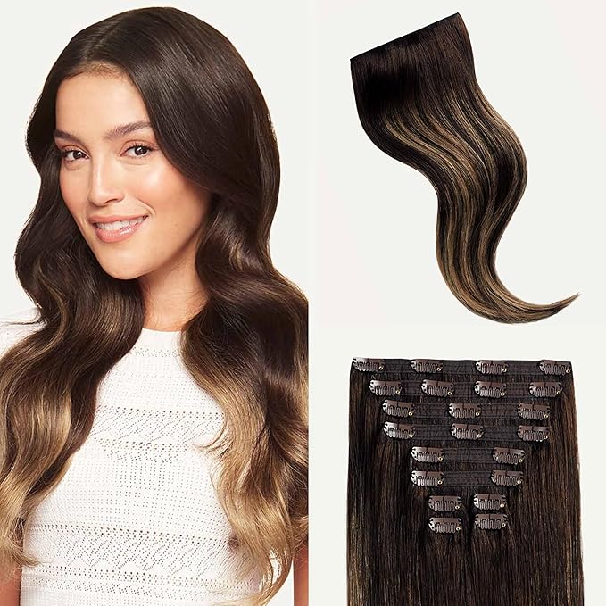 Luxy Hair 24" Dark Brown Balayage Classic Clip-In Hair Extensions (240 grams) 100% Remy Human Hair, Natural,Volume, 10-Piece Set, Blends Easily