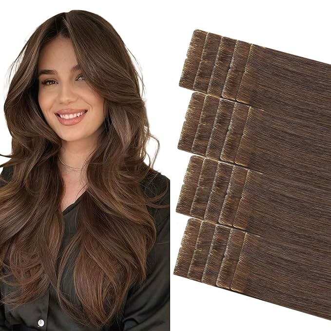 COOKAYU Invisible Tape in Human Hair Extensions, Medium Brown Injected Tape ins Real Human Hair Seamless Extensions 20pcs 30g 14Inch