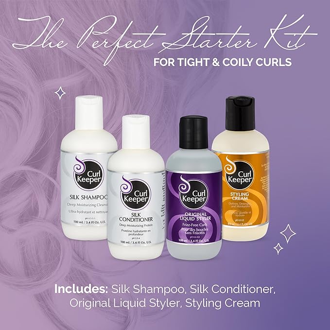 Curl Keeper Tight Curl Starter Kit for Coily Hair - Travel Size Set Includes Original Liquid Styler, Silk Shampoo, Silk Conditioner & Styling Cream - Maximum Definition & Shine with Zero Frizz