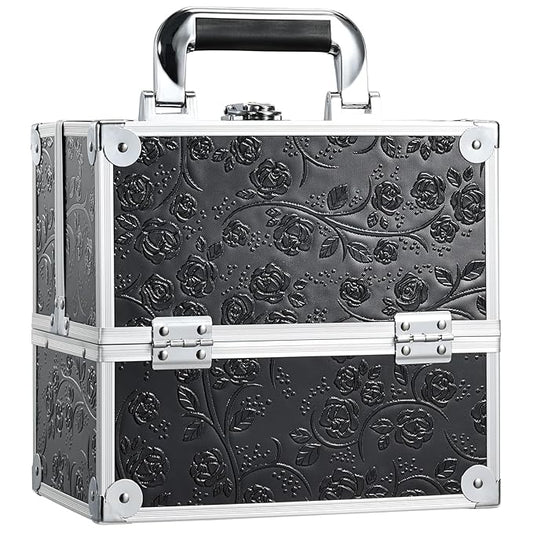FRENESSA Makeup Train Case Cosmetic Box Portable Makeup Case Organizer 4 Trays Travel Case Storage with Dividers Lockable for Make up Artist Crafter Nail Kits Tools Black Floral