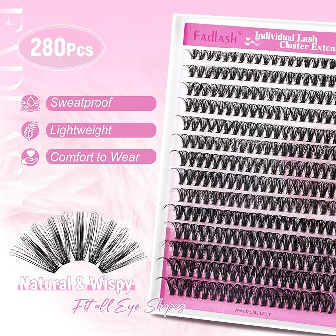 FADLASH DIY Lash Clusters Individual Eyeslash Extensions 40D Volume Eyelash Clusters Soft Band Wispy Natural Eyelash Extension Large Tray (40D-0.07-D, 8-16mm)