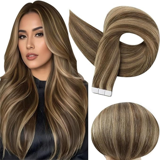 Full Shine Hair Extensions Real Human Hair Color 4P27 Medium Brown And Caramel Blonde Tape in Hair Extensions Cuticles Aligned Remy Seamless Skin Weft Brazilian Straight 20Inch 100G 40Pcs