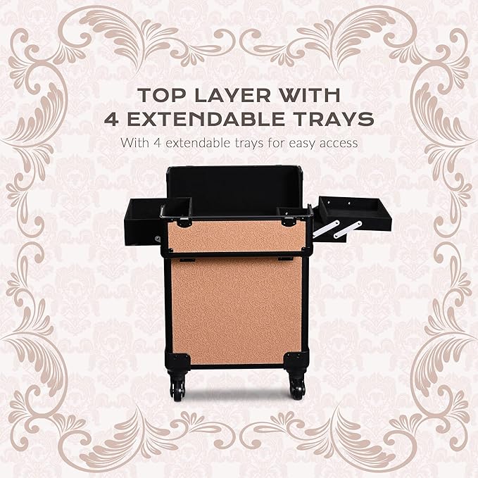 BYOOTIQUE Cosmetology Rolling Case Nail Tech Storage Cart Makeup Torrley Travel Barber Suitcase False Eyelash Storage for Beauty Studio Nail Salon Wedding Make up Attist Manicurist,Rococo Coral