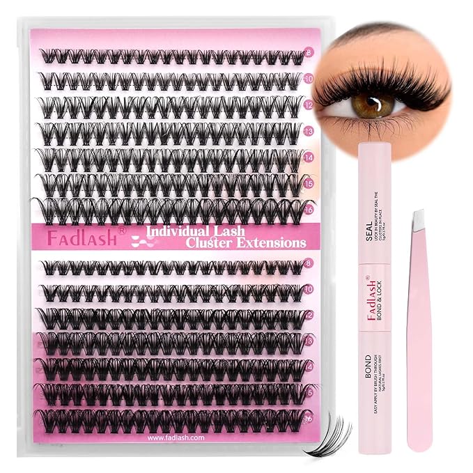 FADLASH DIY Lash Extension Kit Individual Lashes Cluster D Curl Eyelash Extension Kit with Lash Bond and Seal and Lash Applicator Tool for Self Application at Home (30D+40D-0.07D-8-16MIX KIT)