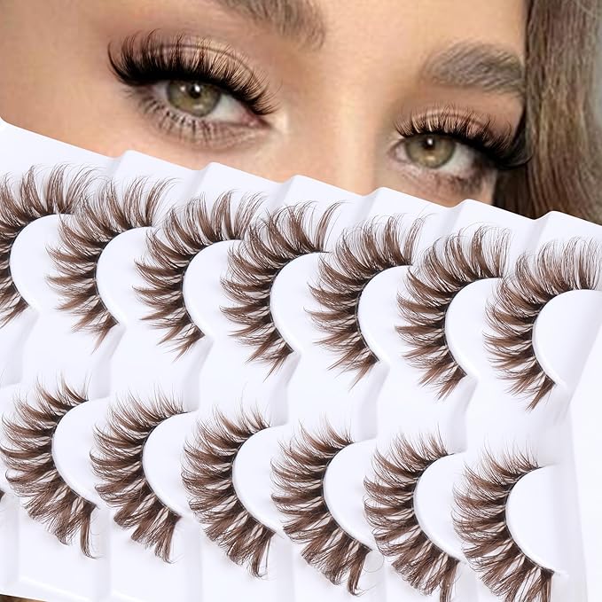 Brown Lashes Wispy Cat Eye Lashes Brown Eyelashes Clear Band CD-Curly False Eyelashes 7 Pairs Fake Eyelashes 11-18mm Full Strip Lashes by Ruairie