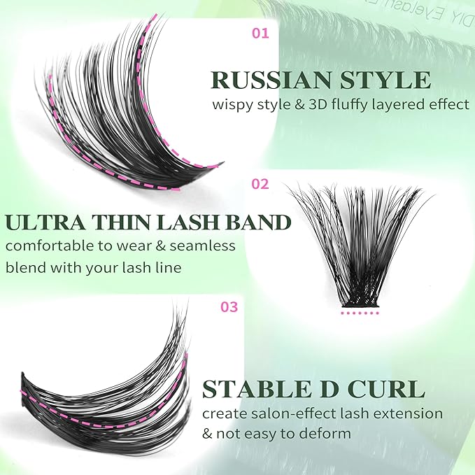 Mega Volume Lash Extensions Kit 14-24MM Long Eyelash Extension 100D 120D Lash Clusters Russian Indvidual Lashes DIY at Home D-Curly Eyelash Individuals Lash Bond and Seal Kit (216 Pcs)