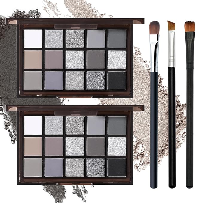 Black Grey Smoky Eyeshadow Palette,15 Colors Matte Shimmer Pigmented Eye Shadow Makeup Palette Set with 3 Eyeshadow Brushes,Glitter Eyeshadow Makeup Palette for Daily Halloween Goth Makeup(H)