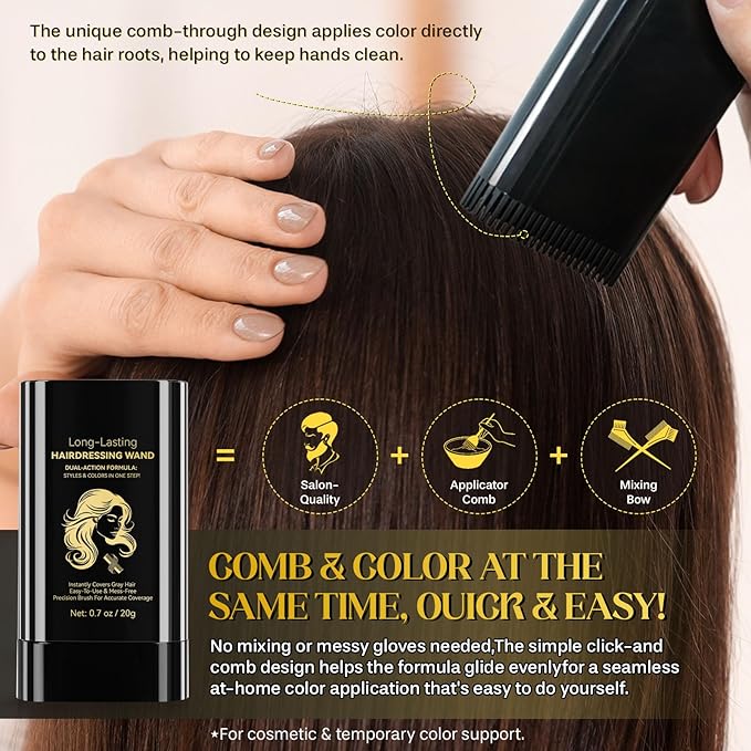 Hair Color Stick, 2 in 1 Instant Dye, Hair Dye Stick, Safe Portable Color Touch-Up Hair Sticks, Cover Gray Hair Color Correction Sticks for Women & Men, Waterproof and Sweat-Proof, 2Pack (Dark Brown)
