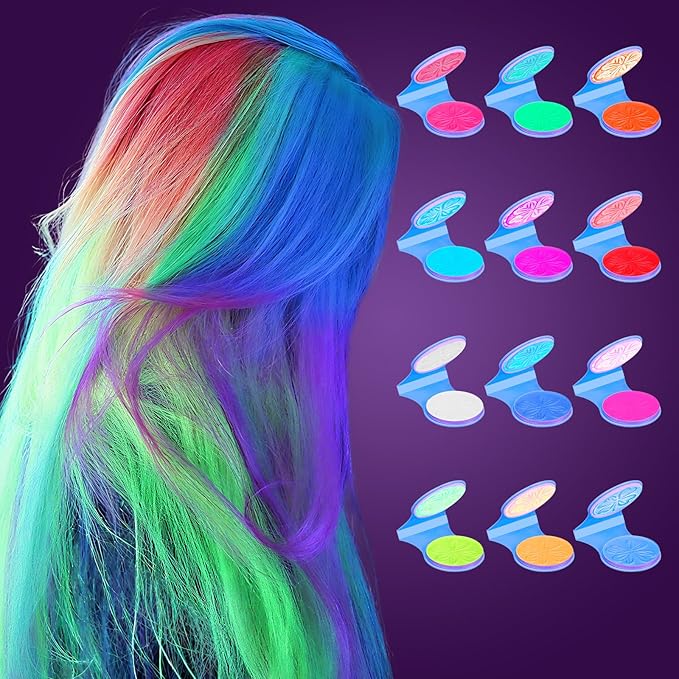 Temporary Hair Chalk for Girls 12 Color,Washable Hair Dye For Girl Kids Adults Glow in UV Light Neon Hair Color Makeup for Halloween Cosplay,Birthday Christmas Gift for Girls Age 5-12 Years Old