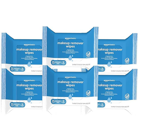 Amazon Basics Makeup Remover Wipes, Fragrance and Alcohol-Free, Gentle Cleansing, Removes Waterproof Mascara, Dermatologist Tested, 25 Count, Pack of 6