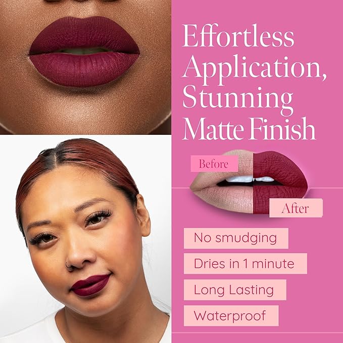 Aromi Maroon Burgundy Liquid Lipstick | Bordeaux Wine Lip Color with Blue Undertones, Vegan, Cruelty-free, Waterproof, Long-lasting (Red Dahlia)