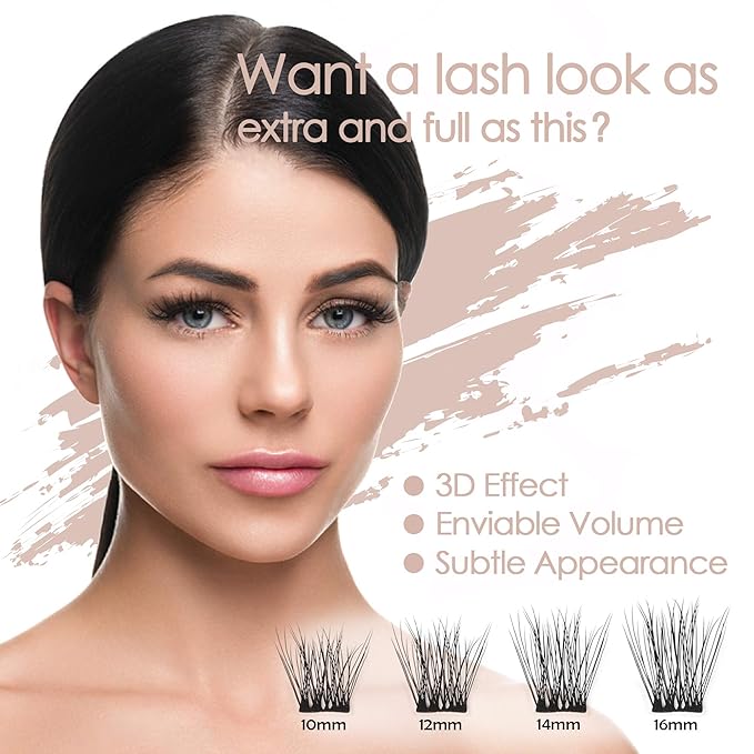 DIY Eyelash Extension, 3D Effect Glue Bonded Band Individual Lash 12 Clusters Volume Lashes Set, Home Eyelash Extension, C curl Lashes Pack (16MM)