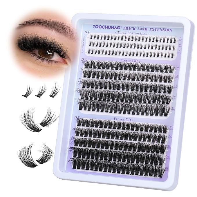 TOOCHUNAG Fluff Cluster Eyelash Extensions with Bottom Lash Clusters Wispy Individual Lashes 10-16mm D Curly Eyelash Clusters DIY Lash Extension at Home