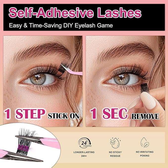 JoMay Self Adhesive Eyelashes, Press On No Glue Needed, Pre-Glued Clusters with Thin Band, Reusable D Curl Bold Lashes for Beginners, Pre-Separated L/R 10 Pairs - Glam Volume Lash Clusters