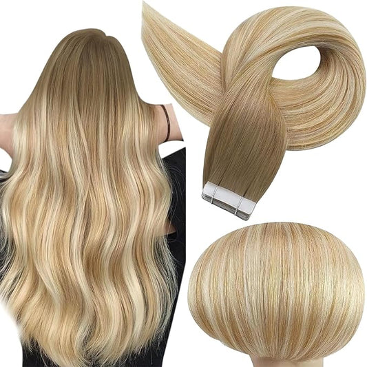 Full Shine Balayage Blonde Tape in Human Hair 6/27/60 Tape Hair Extensions Real Human Hair Ombre Extension Balayage Remy Seamless Skin Weft for Women 22 Inch 50 Gram 20pcs Brazilian Natural