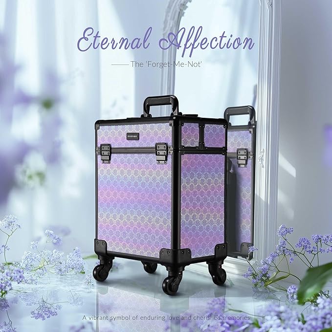 BYOOTIQUE Makeup Rolling Case Nail Cart Organizer with Wheels False Eyelash Storage Hairdressing Brush Bags for Beauty Salon Hairstylist Barbershop,Charm ForgetMeNot