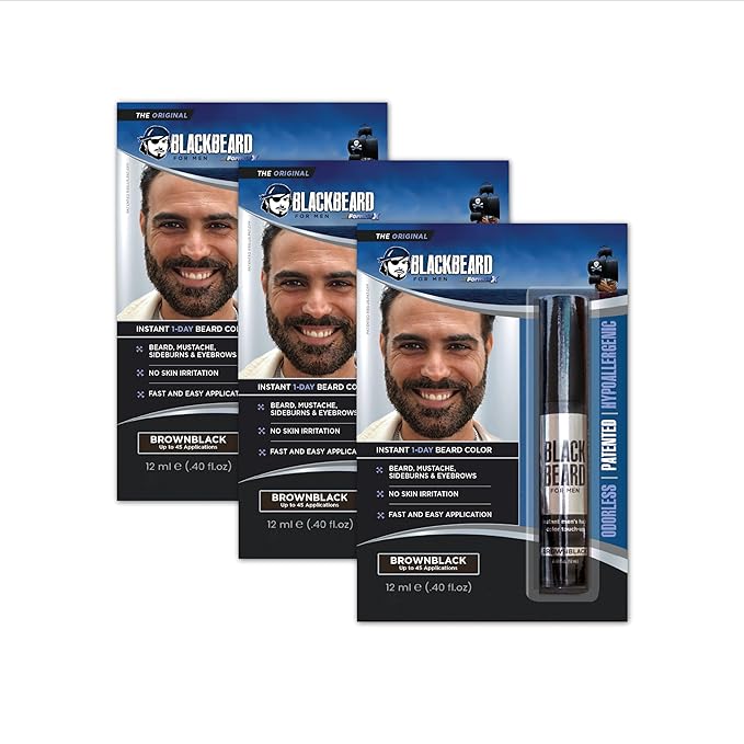 Blackbeard for Men Instant Beard Color – All Day Beard, Mustache, Eyebrow, and Sideburns Color – Temporary, Hypoallergenic Beard Dye Alternative – Up to 45 applications – Brown/Black, 3 Pack