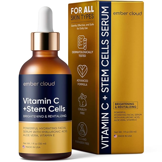 Vitamin C Serum for Face with Stem Cells Hyaluronic Acid Vitamin E Aloe Vera For All Skin Types Anti-Aging Face Seru Supports Skin Health & Even Tone Day and Night Made in USA 1 Oz