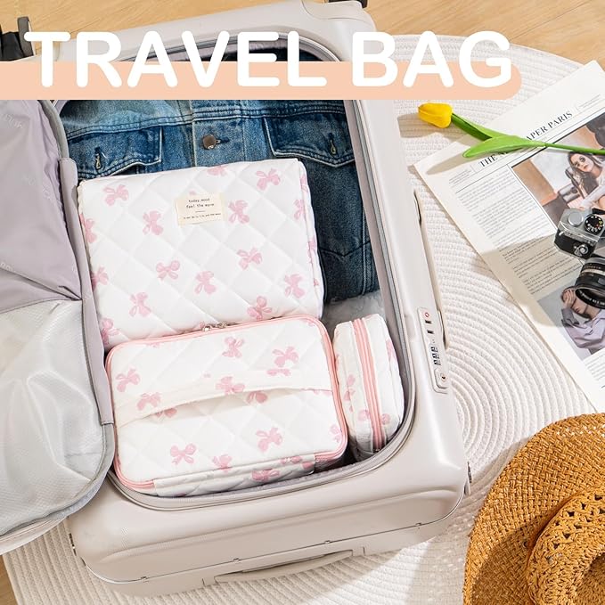 Large Makeup Bag for Women 3PCS Quilted Cotton Make Up Bag Travel Cosmetic Bag Large Makeup Bag Set Cute Bow Makeup Organizer Floral Toiletry Bag Makeup Pouch for Purse, Bow A