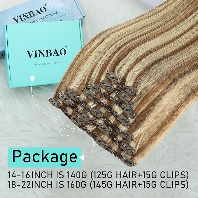 VINBAO Hair Extensions Clip in Human Hair Highlights Light Brown with Platinum Blonde Human Hair Highlighted Clip in Hair Extensions 140g 16inch 7pcs (#HC8P60,16'')