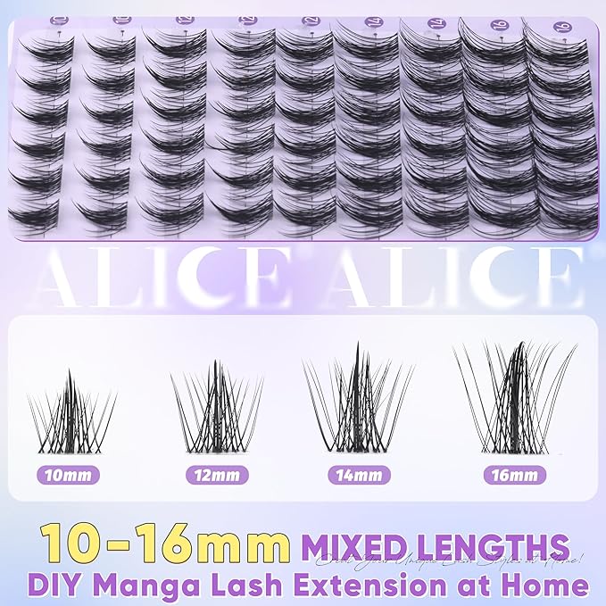 ALICE Manga Lash Clusters Kit Natural Wispy Cluster Eyelash Extension Kit Anime Lash Extension Kit 162pcs Clear Band C-Curly 10-16mm Eyelash Clusters Kit with Lash Glue Bond and Seal