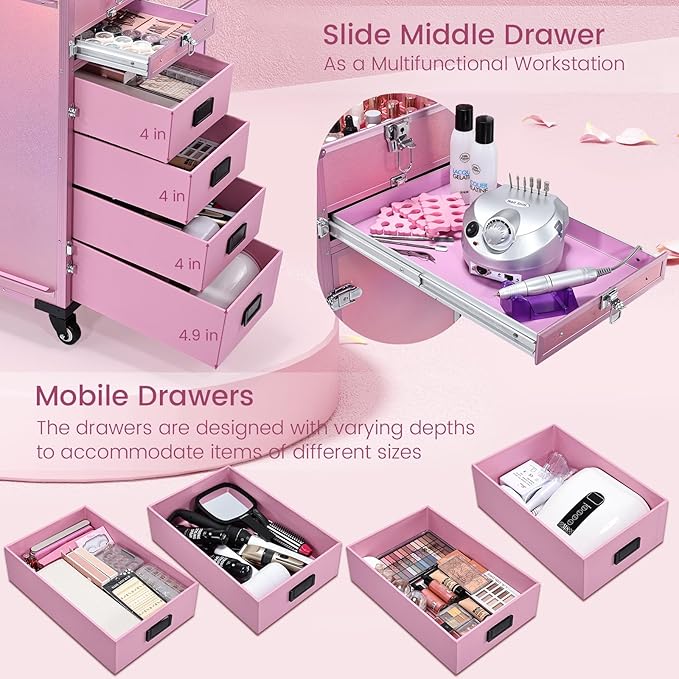 Joligrace Rolling Manicure Table 5 Drawers Foldable Nail Desk Cosmetology Case on Wheels Makeup Case with Brush Pouch for Technician Workstation Mobile Makeup Artist Trolley, Shiny Pink