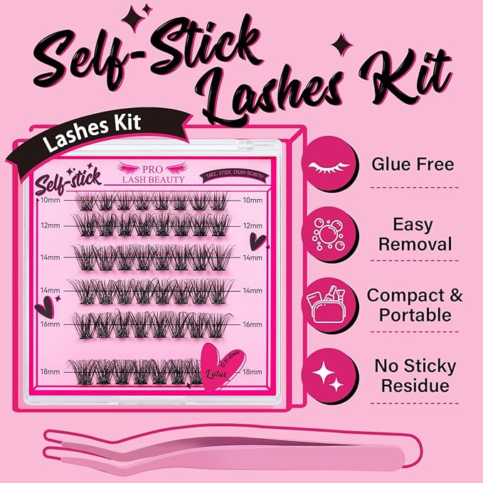 Self Adhesive Eyelashes 48Pcs Lash Clusters Self Stick Lashes Reusable Self-adhesive Lashes No Glue Cluster Lashes Easy for Use(Lotus,D-10-18mix)