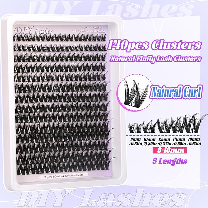 Lash Clusters Flora D Curl Lash DIY Volume Eyelash Extensions Kit Cat Eye Lashes Individual Lashes Ultra-Thin (0.05-0.07mm) Black Band 8-16MM Wispy Cat Eye Lashes for Self Application