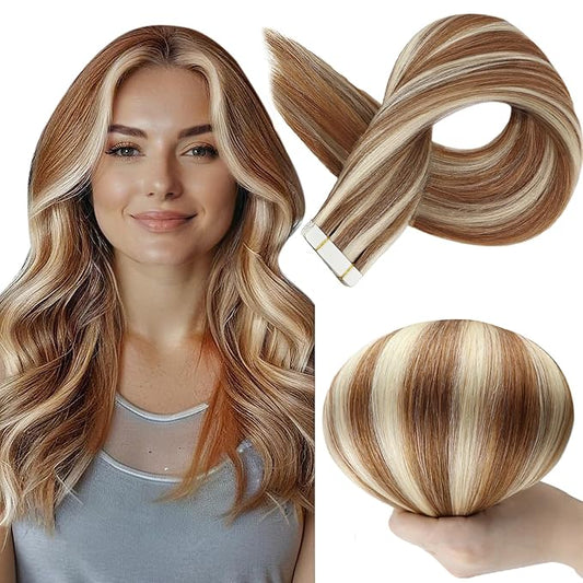 Full Shine Highlight Blonde Tape in Human Hair Extensions 330P800 Tape Hair Extensions Real Human Hair 14Inch Glue in Extensions Human Hair Seamless Tapes Extensions Double Sided Tapes 50Gram 20Pcs