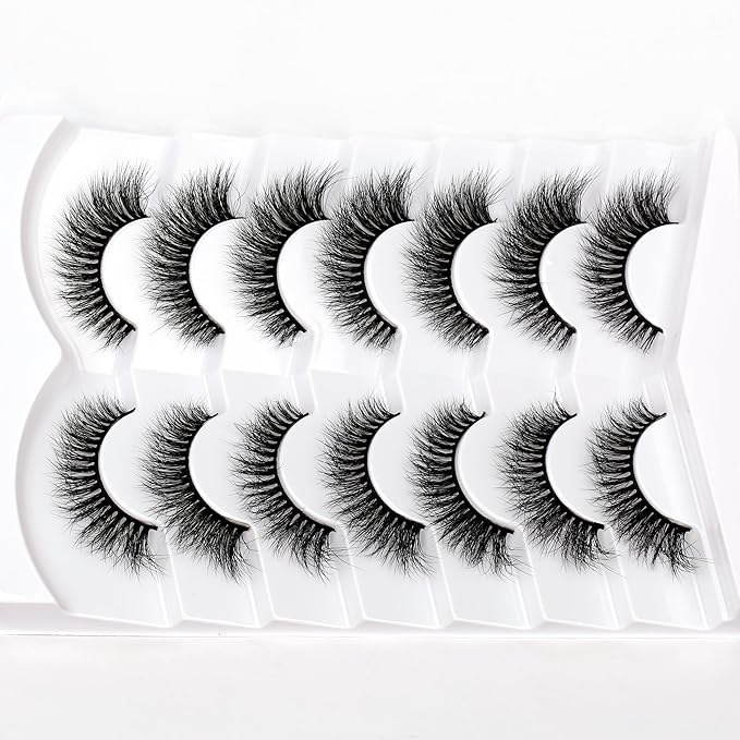 Pooplunch False Eyelashes Cat Eye Look Wispy Lashes Short Natural 8D Extension Volume Soft Faux Mink Lashes Fake Eyelash Strips 7 Pairs Pack