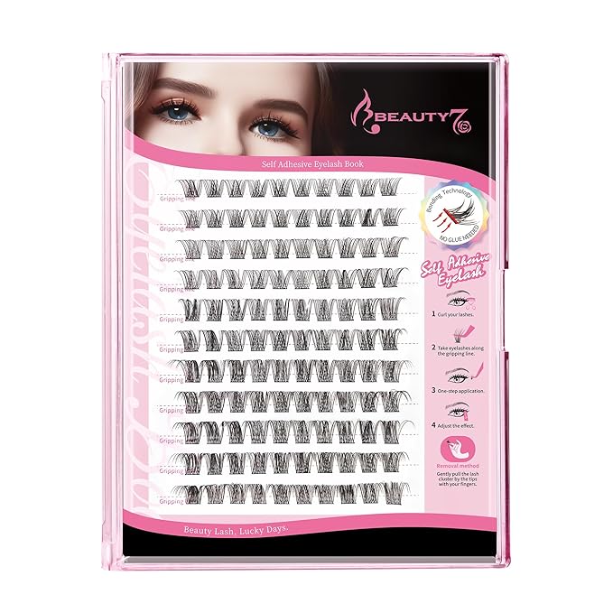 Beauty7 Self Adhesive Eyelashes, No Glue Needed, Self Adhesive Lash Clusters, Pre-Glued Eyelashes, Reusable Eyelash Clusters, D Curl 110pcs Clusters DIY Lash Extension (110pcs)