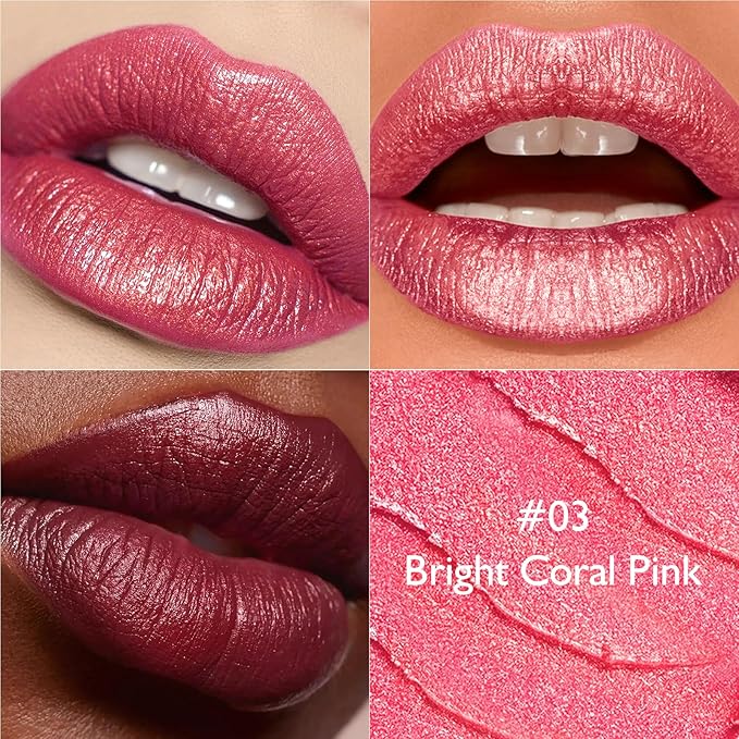 Bright Coral Pink Lipstick for Women with Metallic Shimmer Shine, Long Lasting Lip Stick Glitter Moisturizing Lightweight Full Coverage Lip Makeup, Non-Sticky Pearl Shiny Cream Lipstick Balm, 03