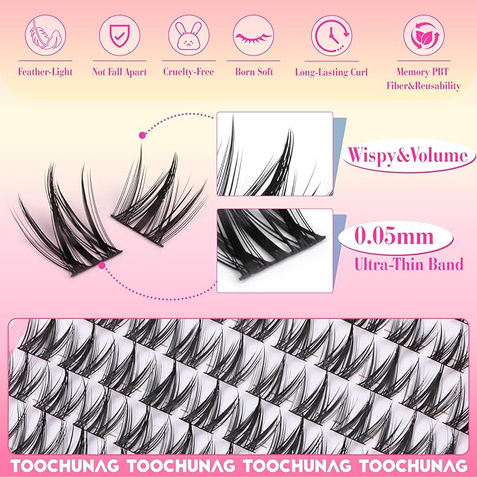 Manga Lash Clusters Kit 8-14mm Natural Eyelash Clusters DIY Lash Extension Kit Anime Lashes Clusters Thin Band Individual Cluster Eyelash Extensions with Lash Glue&Tweezers by TOOCHUNAG