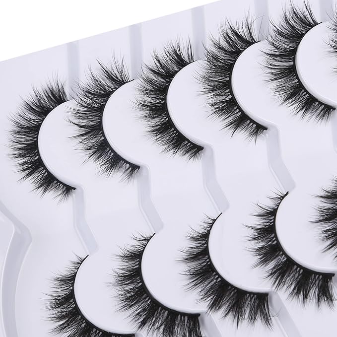 Pooplunch False Eyelashes Cat Eye Lashes Natural Clusters Short 8D Volume Wispy Faux Mink Lashes Fake Eyelash Strips 7 Pairs Pack