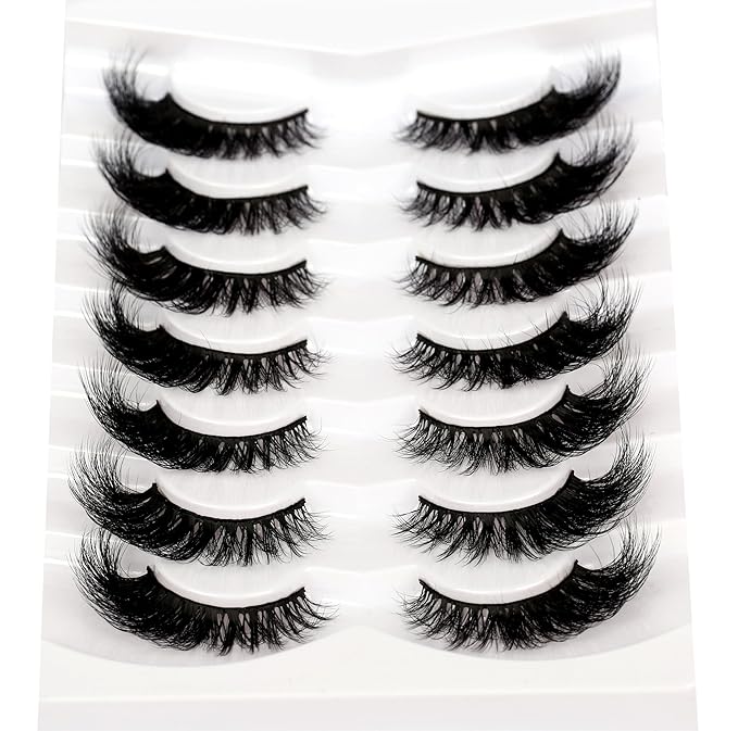 Pooplunch False Eyelashes Volume Cat Eye Lashes Winged Look 8D Dramatic 18MM Wispy Natural Crossed Fake Eyelashes Faux Mink Lashes Strips 7 Pairs Pack