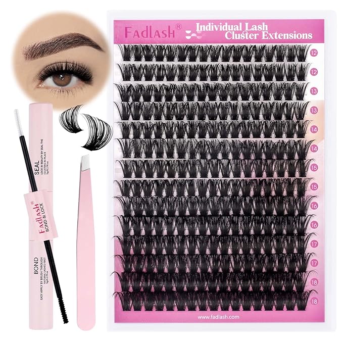 FADLASH DIY Lash Extension Kit Individual Lashes Cluster D Curl Eyelash Extension Kit with Lash Bond and Seal and Lash Applicator Tool for Self Application at Home (80D-0.07D-12-18MIX KIT)