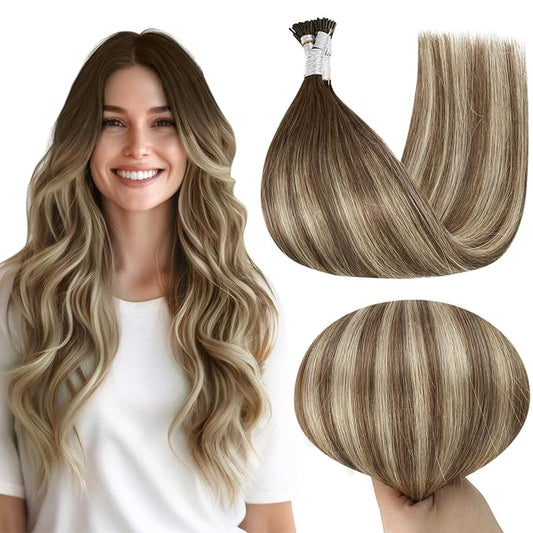 Full Shine Itip Human Hair Extensions 18 Inch Color 3 Dark Brown to 8 Ash Brown and 22 Light Blonde Natural Straight I Tip Hair Extensions Human Hair for Women 40 Grams