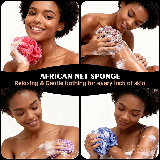 African Net Loofah Sponge Authentic - Real African Exfoliating Sponge with Knots African Net Wash Cloths Body Scrubber Exfoliator Afro Scrubber Back Scrub for Shower Bath Accessories Golden by ARCH&M