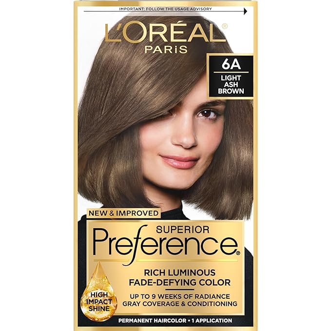 L'Oreal Paris Superior Preference Luminous Fade-Defying Permanent Hair Color, Hair Dye For Up to 9 Weeks of Radiance, Light Ash Brown 6A, 1 Hair Dye Kit