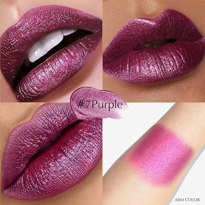 Glitter Lipstick Purple Shimmer, Metallic Lip Stick Long Lasting Waterproof Pearl Diamond Cream Lipstick Makeup Sparkle High Pigmented Shine Moisturizing Lip Balm Non Stick Cup for Women