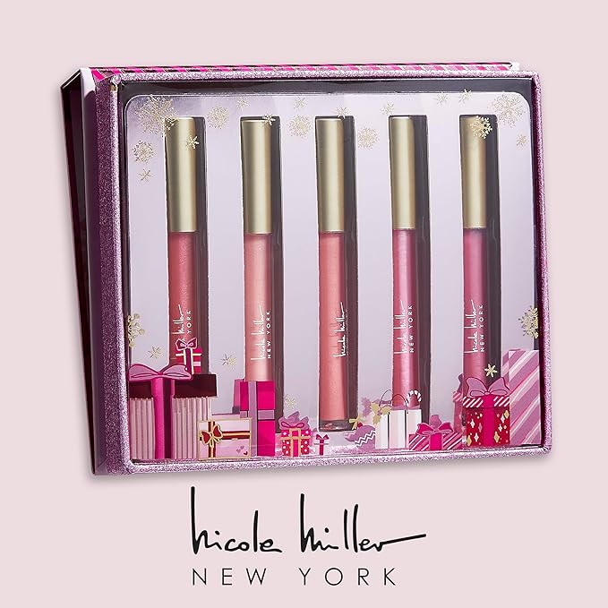 Nicole Miller Lip Gloss Collection Shimmery Glosses for Women and Girls Long Lasting Color Set with Rich Varied Colors, Pink Glitz, 5 Count (Pack of 1)