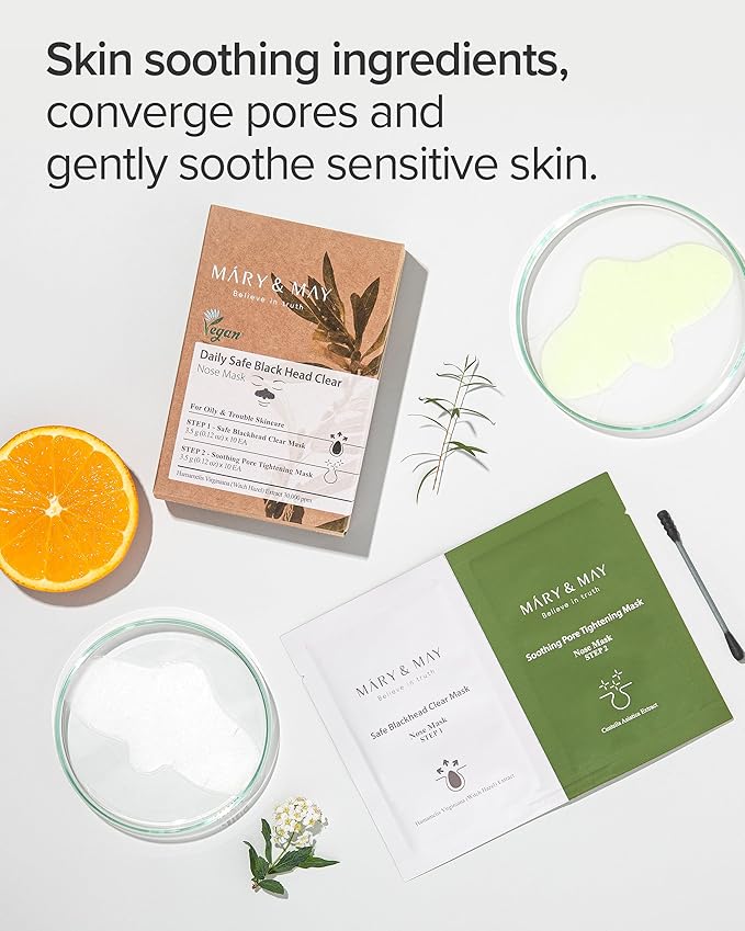 Mary&May Daily Safe Blackhead Clear Nose Mask - 2-Step Deep Pore Cleansing, Soothing and Tightening - Instant Pore Unclogging Nose Strips - Oil Free, Non Comedogenic Use 10 Pack