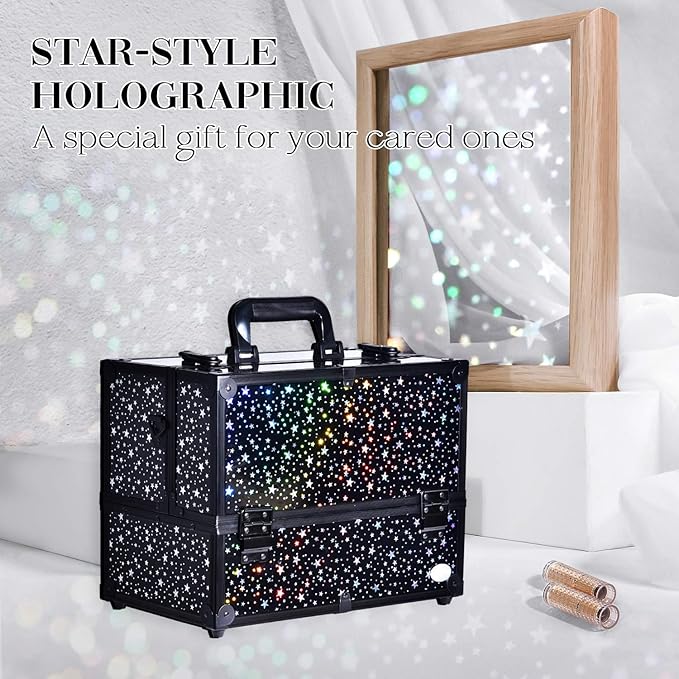 Makeup Case 6 Trays Large 14" x 8.5" x 11" Train Cases Cosmetic Organizer Storage Box by Joligrace - Star Pattern