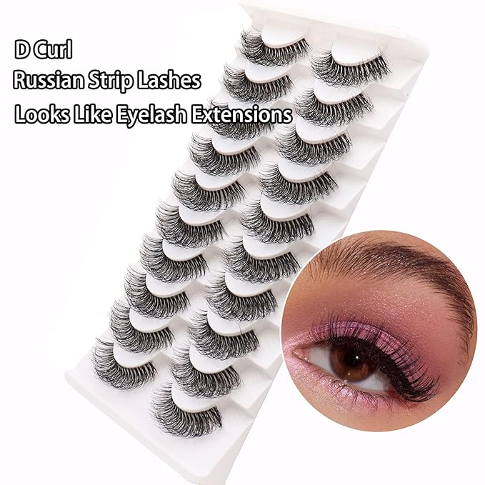 Veleasha Russian Strip Lashes with Clear Band Looks Like Eyelash Extensions D Curl Lash Strips 10 Pairs Pack (DT02)