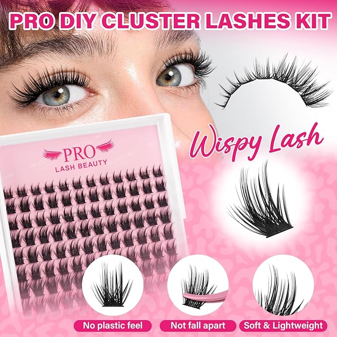 PRO LASHBEAUTY Lash Clusters Kit with Lash Bond and Seal Eyelash Applictor Lash Remover DIY Lash Extension Kit for Beginner Waterproof Resuable Eyelash Extensions at Home (Bloomy,8-18mix)