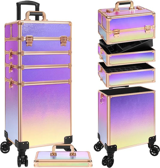 Profesional Rolling Makeup Train Case with Lid, 5 in 1 Cosmetology Case on Wheels, Large Cosmetic Trolley Organizer Travel for Hairstylist Artist Nail Beauty Salon Barber, Colorful
