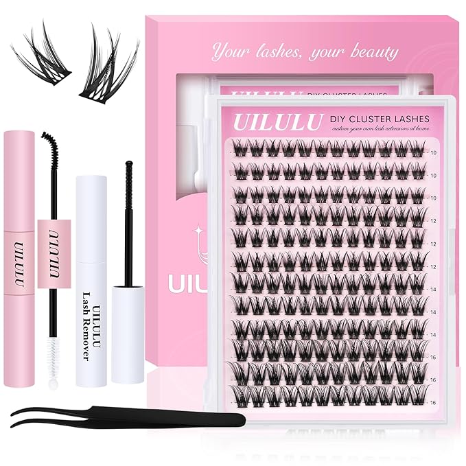 Lash Clusters Kit for DIY Lash Extension at Home, False Eyelashes Set with Bond and Seal, Lash Remover, Tweezers, D Curl Wispy Individual Clusters Eye Lash Extensions Kit (U25 DIY Lash Kit)